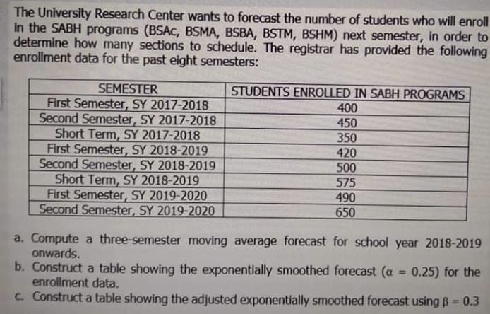The University Research Center wants to forecast the number of students who will enroll
in the SABH programs (BSAC, BSMA, BSBA, BSTM, BSHM) next semester, in order to
determine how many sections to schedule. The registrar has provided the following
enrollment data for the past eight semesters:
SEMESTER
First Semester, SY 2017-2018
Second Semester, SY 2017-2018
Short Term, SY 2017-2018
First Semester, SY 2018-2019
Second Semester, SY 2018-2019
Short Term, SY 2018-2019
First Semester, SY 2019-2020
Second Semester, SY 2019-2020
STUDENTS ENROLLED IN SABH PROGRAMS
400
450
350
420
500
575
490
650
a. Compute a three-semester moving average forecast for school year 2018-2019
onwards.
b. Construct a table showing the exponentially smoothed forecast (a = 0.25) for the
enrollment data.
C. Construct a table showing the adjusted exponentially smoothed forecast using B 0.3
%3D
