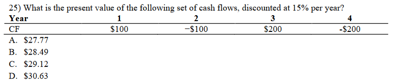 25) What is the present value of the following set of cash flows, discounted at 15% per year?
Year
1
2
3
4
CF
$100
-$100
$200
-$200
A. $27.77
В. $28.49
C. $29.12
D. $30.63

