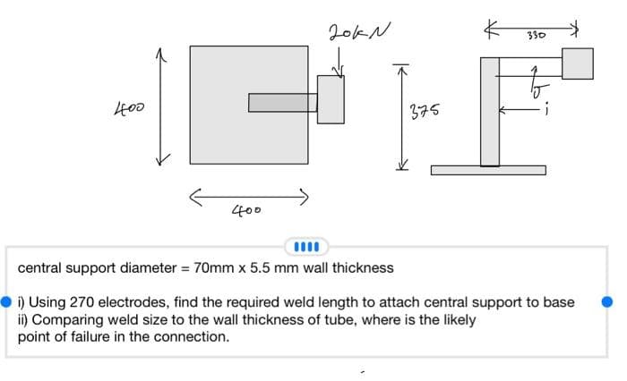 400
400
Jok N
330
375
j
central support diameter = 70mm x 5.5 mm wall thickness
i) Using 270 electrodes, find the required weld length to attach central support to base
ii) Comparing weld size to the wall thickness of tube, where is the likely
point of failure in the connection.