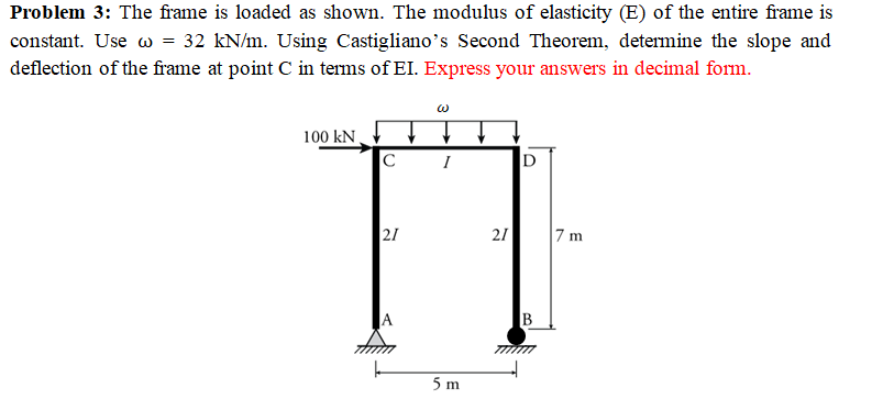 Problem 3: The frame is loaded as shown. The modulus of elasticity (E) of the entire frame is
constant. Use w = 32 kN/m. Using Castigliano's Second Theorem, determine the slope and
deflection of the frame at point C in terms of EI. Express your answers in decimal form.
100 kN
I
D
21
21
7 m
5 m
