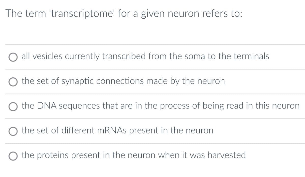 The term 'transcriptome' for a given neuron refers to:
O all vesicles currently transcribed from the soma to the terminals
O the set of synaptic connections made by the neuron
O the DNA sequences that are in the process of being read in this neuron
O the set of different mRNAs present in the neuron
O the proteins present in the neuron when it was harvested