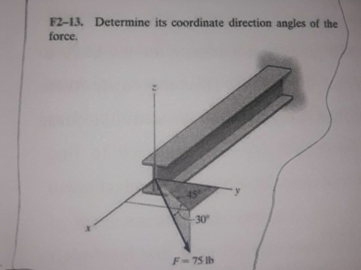 F2-13. Determine its coordinate direction angles of the
force.
30
F=75 lb
