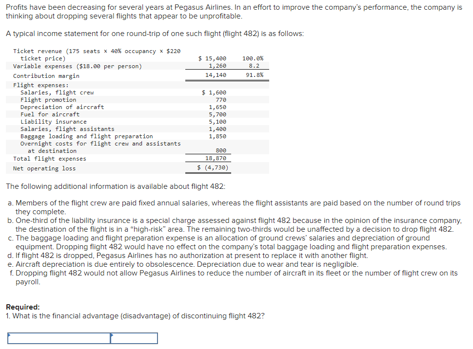 Profits have been decreasing for several years at Pegasus Airlines. In an effort to improve the company's performance, the company is
thinking about dropping several flights that appear to be unprofitable.
A typical income statement for one round-trip of one such flight (flight 482) is as follows:
Ticket revenue (175 seats x 40% occupancy x $220
ticket price)
Variable expenses ($18.00 per person)
Contribution margin
Flight expenses:
Salaries, flight crew
Flight promotion
Depreciation of aircraft
Fuel for aircraft
Liability insurance
Salaries, flight assistants
Baggage loading and flight preparation
Overnight costs for flight crew and assistants
at destination
Total flight expenses
Net operating loss
$ 15,400
1,260
100.0%
8.2
14,140
91.8%
$ 1,600
770
1,650
5,700
5,100
1,400
1,850
800
18,870
$ (4,730)
The following additional information is available about flight 482:
a. Members of the flight crew are paid fixed annual salaries, whereas the flight assistants are paid based on the number of round trips
they complete.
b. One-third of the liability insurance is a special charge assessed against flight 482 because in the opinion of the insurance company,
the destination of the flight is in a "high-risk" area. The remaining two-thirds would be unaffected by a decision to drop flight 482.
c. The baggage loading and flight preparation expense is an allocation of ground crews' salaries and depreciation of ground
equipment. Dropping flight 482 would have no effect on the company's total baggage loading and flight preparation expenses.
d. If flight 482 is dropped, Pegasus Airlines has no authorization at present to replace it with another flight.
e. Aircraft depreciation is due entirely to obsolescence. Depreciation due to wear and tear is negligible.
f. Dropping flight 482 would not allow Pegasus Airlines to reduce the number of aircraft in its fleet or the number of flight crew on its
payroll.
Required:
1. What is the financial advantage (disadvantage) of discontinuing flight 482?