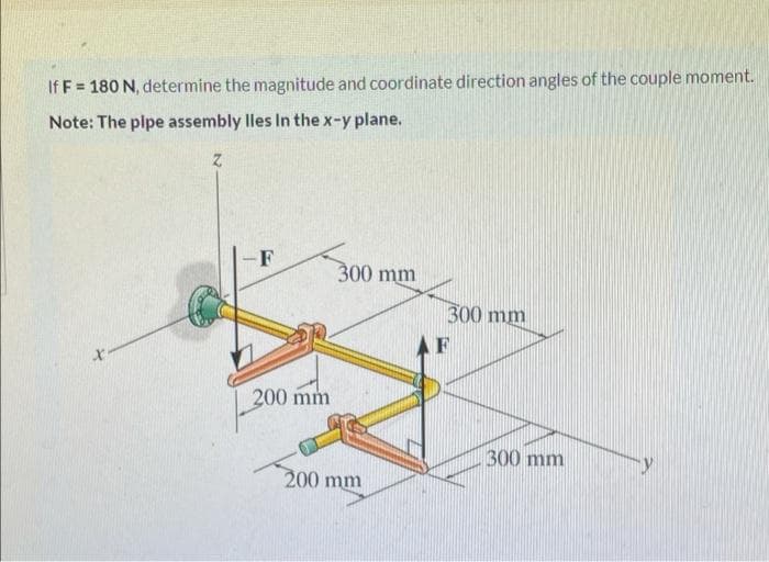 If F = 180 N, determine the magnitude and coordinate direction angles of the couple moment.
Note: The plpe assembly lles In the x-y plane.
-F
300 mm
300 mm
AF
200 mm
300 mm
200 mm
