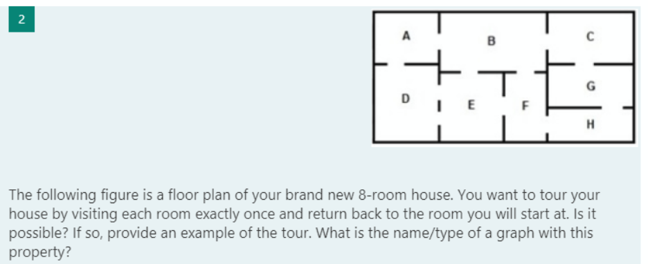 2
A
B
D
E
F
H
The following figure is a floor plan of your brand new 8-room house. You want to tour your
house by visiting each room exactly once and return back to the room you will start at. Is it
possible? If so, provide an example of the tour. What is the name/type of a graph with this
property?
