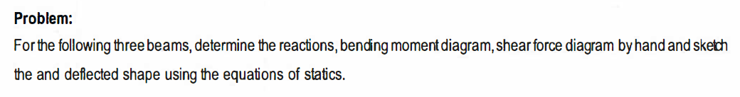 Problem:
Forthe following three beams, determine the reactions, bending moment diagram, shear force diagram by hand and sketch
the and deflected shape using the equations of statics.

