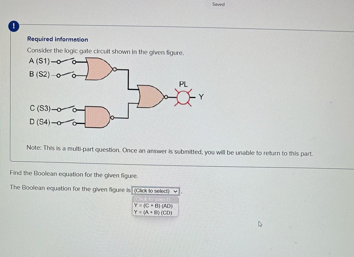 Required information
Consider the logic gate circuit shown in the given figure.
A (S1)-0
B (S2)
C (S3)-0- O
D (S4)-o
Find the Boolean equation for the given figure.
The Boolean equation for the given figure is (Click to select)
PL
Note: This is a multi-part question. Once an answer is submitted, you will be unable to return to this part.
Y = (C+B) (AD)
Y = (A + B) (CD)
Saved
h