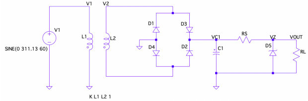 V1
V2
D1
D3
V1
RS
L1
L2
VC1
VZ
VOUT
SINE(O 311.13 60)
D4
D2
C1
D5
RL
KLI L2 1
