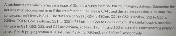 A catchment area which is having a slope of 3% and a sandy loam soil has four gauging stations. Determine the
net irrigation requirement in m if the crop factor on the area is 0.945 and the pan evaporation is 201mm, the
conveyance efficiency is 34%. The distance of GS1 to GS4 is 480km, GS1 to GS2 is 424km, GS2 to GS3 is
235km, GS3 to GS4 is 648km, GS1 to GS3 is 725km, and GS4 to GS2 is 771km. The rainfall depths recorded
per year in GS1, GS2, GS3, and GS4 are 245mm, 215mm, 178mm, and 150mm and the corresponding polygon
areas of each gauging station is 50,845 hec, 480km2, 750km2, and 640km2, respectively.
