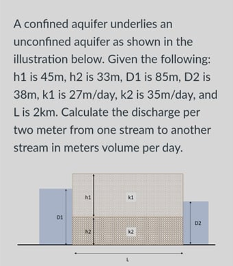 A confined aquifer underlies an
unconfined aquifer as shown in the
illustration below. Given the following:
h1 is 45m, h2 is 33m, D1 is 85m, D2 is
38m, k1 is 27m/day, k2 is 35m/day, and
Lis 2km. Calculate the discharge per
two meter from one stream to another
stream in meters volume per day.
h1
ki
D1
D2
h2
k2
