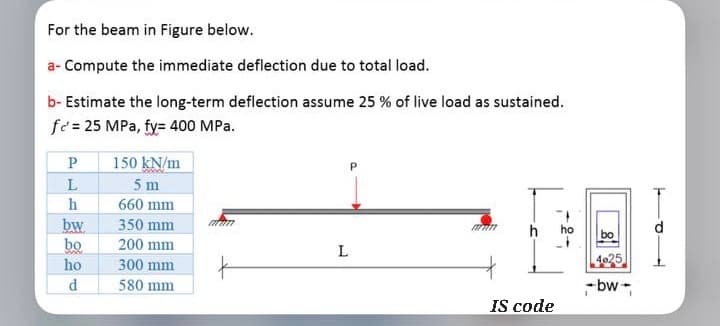 For the beam in Figure below.
a- Compute the immediate deflection due to total load.
b- Estimate the long-term deflection assume 25 % of live load as sustained.
fe= 25 MPa, fy= 400 MPa.
P
L
h
bw
bo
voo
ho
d
150 kN/m
5 m
660 mm
350 mm
200 mm
300 mm
580 mm
mm
P
L
mm
IS code
ho
bo
4025
-bw-
P
