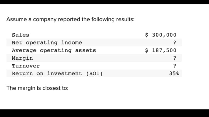 Assume a company reported the following results:
Sales
Net operating income
Average operating assets
Margin
Turnover
Return on investment (ROI)
The margin is closest to:
$ 300,000
?
$ 187,500
?
?
35%