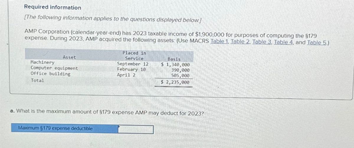Required information
[The following information applies to the questions displayed below.]
AMP Corporation (calendar-year-end) has 2023 taxable income of $1,900,000 for purposes of computing the $179
expense. During 2023, AMP acquired the following assets: (Use MACRS Table 1. Table 2. Table 3. Table 4, and Table 5)
Asset
Machinery
Computer equipment
Placed in
Service
September 12
February 10
Basis
$ 1,340,000
Office building
Total
April 2
390,000
505,000
$ 2,235,000
a. What is the maximum amount of $179 expense AMP may deduct for 2023?
Maximum §179 expense deductible