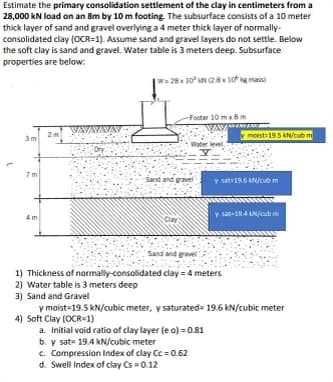 Estimate the primary consolidation settlement of the clay in centimeters from a
28,000 kN load on an 8m by 10 m footing. The subsurface consists of a 10 meter
thick layer of sand and gravel overlying a 4 meter thick layer of normally-
consolidated clay (OCR=1). Assume sand and gravel layers do not settle. Below
the soft clay is sand and gravel. Water table is 3 meters deep. Subsurface
properties are below:
W= 28 x 10 N 28 10 g maris)
Footer 10 mBm
moist=19.5 kN/cubm
Water level
Sand and gravel
Y sat-19.6 kN/cub m
y sat-19.4 N/cub m
4 m
Clay
Sand and gavel
1) Thickness of normally-consolidated clay = 4 meters
2) Water table is 3 meters deep
3) Sand and Gravel
y moist=19.5 kN/cubic meter, y saturated= 19.6 kN/cubic meter
4) Soft Clay (OCR=1)
a. Initial void ratio of clay layer (e o) = 0.81
b. y sat= 19.4 kN/cubic meter
c. Compression Index of clay Cc=0.62
d. Swell Index of clay Cs = 0.12
