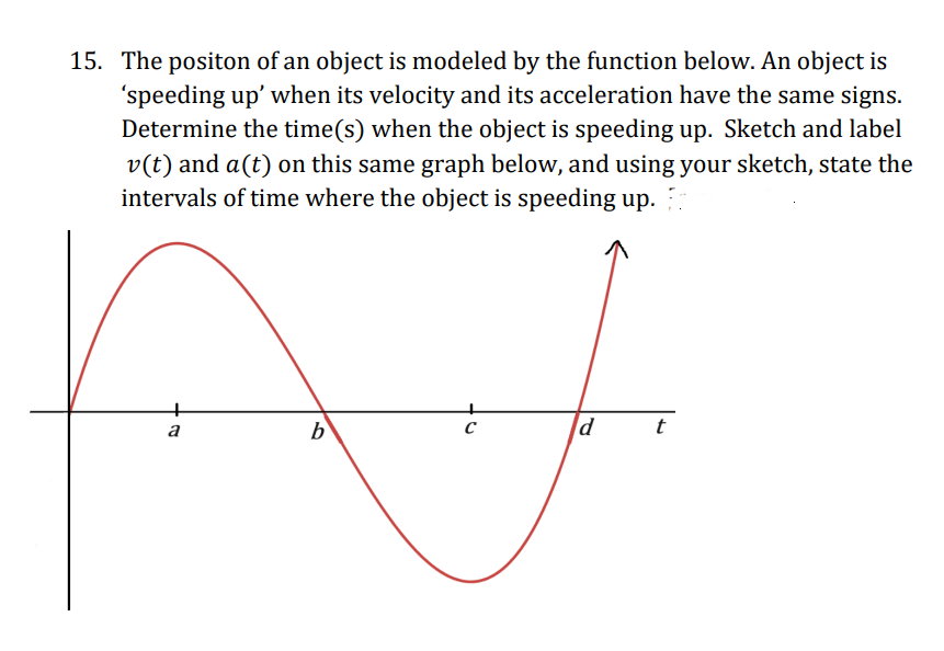 15. The positon of an object is modeled by the function below. An object is
'speeding up' when its velocity and its acceleration have the same signs.
Determine the time(s) when the object is speeding up. Sketch and label
v(t) and a(t) on this same graph below, and using your sketch, state the
intervals of time where the object is speeding up.
+
a
b
C
d
t