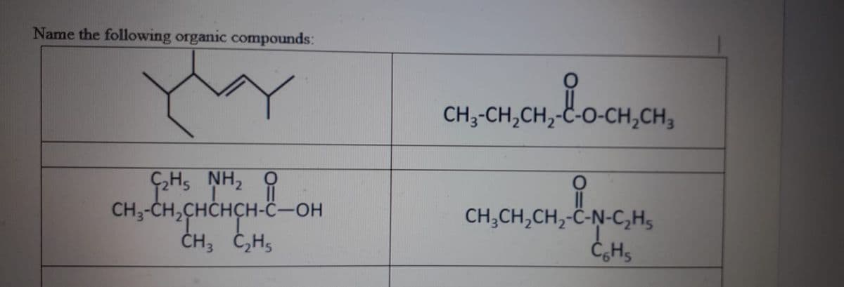 Name the following organic compounds:
CH3-CH,CH,-C-O-CH,CH3
Ç2H5 NH, O
CH;-CH,CHCHCH-C
ČH; Č,H,
CH;CH,CH,-Ĉ-N-C,H,
