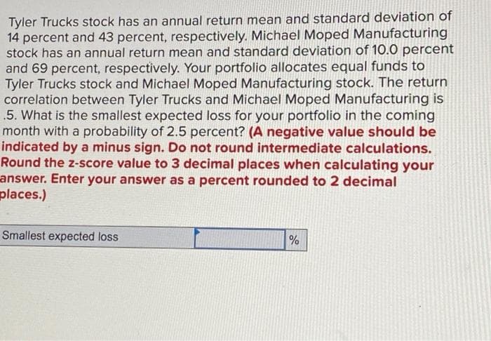 Tyler Trucks stock has an annual return mean and standard deviation of
14 percent and 43 percent, respectively. Michael Moped Manufacturing
stock has an annual return mean and standard deviation of 10.0 percent
and 69 percent, respectively. Your portfolio allocates equal funds to
Tyler Trucks stock and Michael Moped Manufacturing stock. The return
correlation between Tyler Trucks and Michael Moped Manufacturing is
5. What is the smallest expected loss for your portfolio in the coming
month with a probability of 2.5 percent? (A negative value should be
indicated by a minus sign. Do not round intermediate calculations.
Round the z-score value to 3 decimal places when calculating your
answer. Enter your answer as a percent rounded to 2 decimal
places.)
Smallest expected loss
%