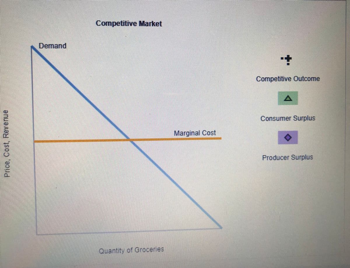 Competitive Market
Demand
Competitive Outcome
Consumer Surplus
Marginal Cost
Producer Surplus
Quantity of Groceries
Price, Cost, Revenue
