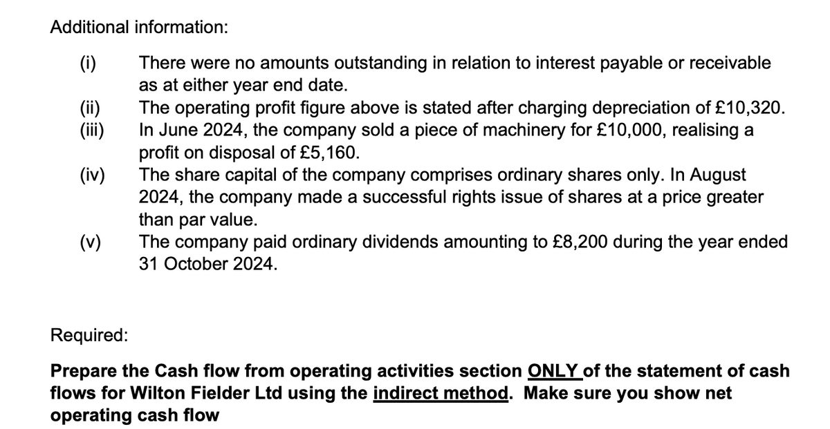 Additional information:
(i)
There were no amounts outstanding in relation to interest payable or receivable
as at either year end date.
(ii)
(iii)
The operating profit figure above is stated after charging depreciation of £10,320.
In June 2024, the company sold a piece of machinery for £10,000, realising a
profit on disposal of £5,160.
(iv)
The share capital of the company comprises ordinary shares only. In August
2024, the company made a successful rights issue of shares at a price greater
than par value.
(v)
The company paid ordinary dividends amounting to £8,200 during the year ended
31 October 2024.
Required:
Prepare the Cash flow from operating activities section ONLY of the statement of cash
flows for Wilton Fielder Ltd using the indirect method. Make sure you show net
operating cash flow