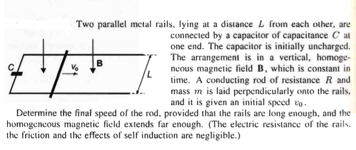 Two parallel metal rails, lying at a distance L from each other, are
connected by a capacitor of capacitance C at
one end. The capacitor is initially uncharged.
The arrangement is in a vertical, homoge-
neous magnetic field B, which is constant in
time. A conducting rod of resistance R and
mass m is laid perpendicularly onto the rails,
and it is given an initial speed vo.
Vo
Determine the final speed of the rod, provided that the rails are long enough, and the
homogeneous magnetic field extends far enough. (The electric resistance of the rails.
the friction and the effects of self induction are negligible.)
