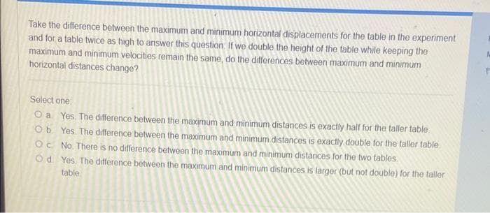 Take the difference between the maximum and minimum horizontal displacements for the table in the experiment
and for a table twice as high to answer this question. If we double the height of the table while keeping the
maximum and minimum velocities remain the same, do the differences between maximum and minimum
horizontal distances change?
Select one
O a Yes. The difference between the maximum and minimum distances is exactly half for the taller table
Ob Yes The difference between the maximum and minimum distances is exactly double for the taller table
Oc No. There is no difference between the maximum and minimum distances for the two tables.
Od Yes. The difference between the maximum and minimum distances is larger (but not double) for the taller
table