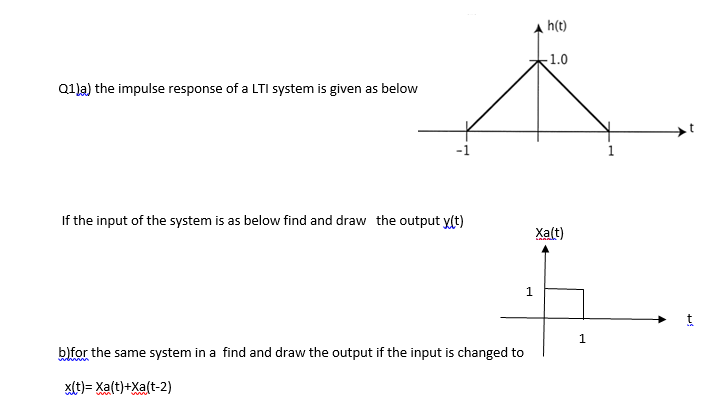h(t)
1.0
Q1)a) the impulse response of a LTI system is given as below
1
If the input of the system is as below find and draw the output y(t)
Xa(t)
b)for the same system in a find and draw the output if the input is changed to
x(t)= Xa(t)+Xa(t-2)

