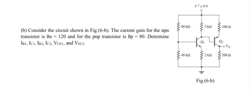 v*=9 V
80 k2
2 ka
100 2
(b) Consider the circuit shown in Fig.(6-b). The current gain for the npn
transistor is Bn 120 and for the pnp transistor is ßp 80. Determine
IBI, Icı, IB2, Icz, VcEI, and VEC2.
40 k2
2 k2
200 2
Fig.(6-b)
ww
