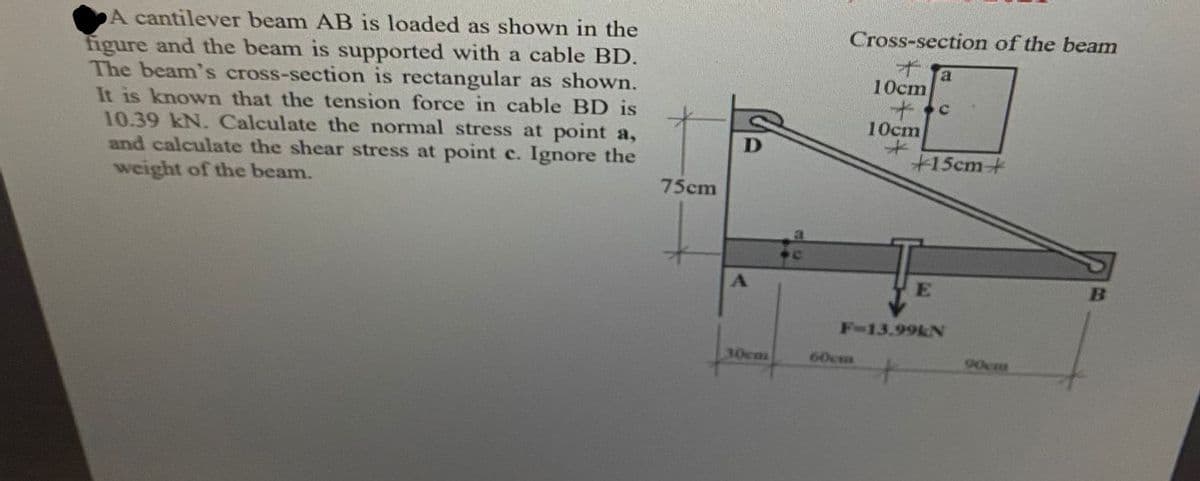A cantilever beam AB is loaded as shown in the
Cross-section of the beam
figure and the beam is supported with a cable BD.
The beam's cross-section is rectangular as shown.
It is known that the tension force in cable BD is
10.39 kN. Calculate the normal stress at point a,
and calculate the shear stress at point c. Ignore the
weight of the beam.
10cm
10cm
+15cm+
75cm
B
F-13.99KN
30cm
60cm
90cm
