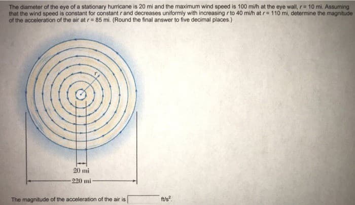 The diameter of the eye of a stationary hurricane is 20 mi and the maximum wind speed is 100 mi/h at the eye wall, r = 10 mi. Assuming
that the wind speed is constant for constant r and decreases uniformly with increasing r to 40 mi/h at r= 110 mi, determine the magnitude
of the acceleration of the air at r = 85 mi. (Round the final answer to five decimal places.)
20 mi
-220 mi-
The magnitude of the acceleration of the air is
fu/s²