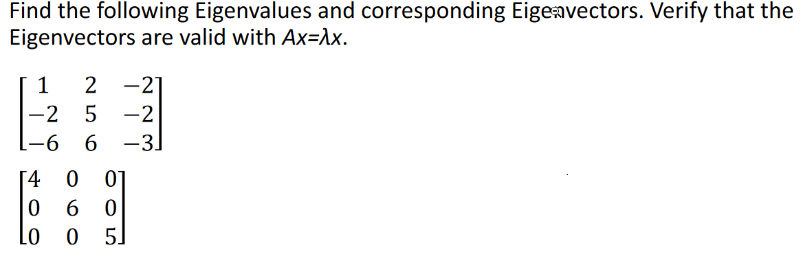 Find the following Eigenvalues and corresponding Eige vectors. Verify that the
Eigenvectors are valid with Ax=λx.
1
2 -21
2 5 -2
-6 6
-3]
[4 0 01
060
0
5.