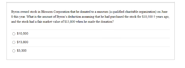 Byron owned stock in Blossom Corporation that he donated to a museum (a qualified charitable organization) on June
8 this year. What is the amount of Byron's deduction assuming that he had purchased the stock for $10,500 5 years ago,
and the stock had a fair market value of $13,800 when he made the donation?
$10,500
$13,800
$3,300