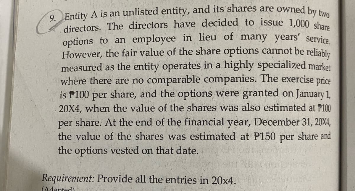 9. Entity A is an unlisted entity, and its shares are owned by two
directors. The directors have decided to issue 1,000 share
options to an employee in lieu of many years' service
However, the fair value of the share options cannot be reliably
measured as the entity operates in a highly specialized market
where there are no comparable companies. The exercise price
is P100 per share, and the options were granted on January 1,
20X4, when the value of the shares was also estimated at P100
per share. At the end of the financial year, December 31, 20X4,
the value of the shares was estimated at P150 per share and
the options vested on that date.
Requirement: Provide all the entries in 20x4.
(Adanted)

