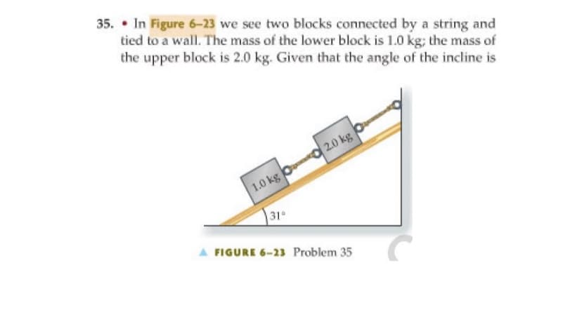 35. • In Figure 6-23 we see two blocks connected by a string and
tied to a wall. The mass of the lower block is 1.0 kg; the mass of
the upper block is 2.0 kg. Given that the angle of the incline is
1.0 kg O 2.O kg
31
A FIGURE 6-23 Problem 35
