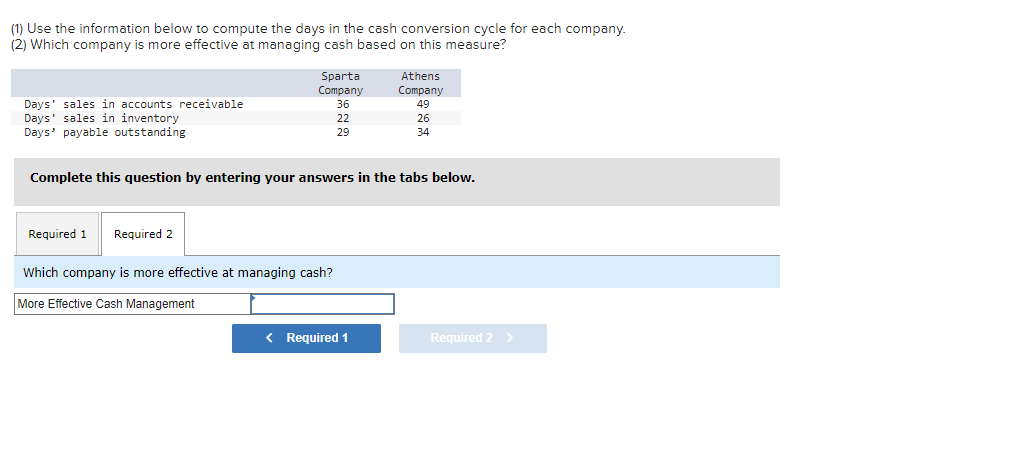 (1) Use the information below to compute the days in the cash conversion cycle for each company.
(2) Which company is more effective at managing cash based on this measure?
Days' sales in accounts receivable
Days' sales in inventory
Days' payable outstanding
Sparta
Company
36
22
29
Required 1 Required 2
Complete this question by entering your answers in the tabs below.
Which company is more effective at managing cash?
More Effective Cash Management
Athens
Company
49
< Required 1
26
34
Required 2 >