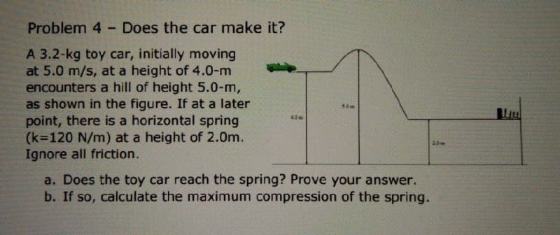 Problem 4 - Does the car make it?
A 3.2-kg toy car, initially moving
at 5.0 m/s, at a height of 4.0-m
encounters a hill of height 5.0-m,
as shown in the figure. If at a later
point, there is a horizontal spring
(k=120 N/m) at a height of 2.0m.
Ignore all friction.
a. Does the toy car reach the spring? Prove your answer.
b. If so, calculate the maximum compression of the spring.
