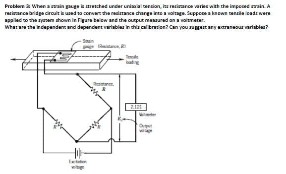 Problem 3: When a strain gauge is stretched under uniaxial tension, its resistance varies with the imposed strain. A
resistance bridge circuit is used to convert the resistance change into a voltage. Suppose a known tensile loads were
applied to the system shown in Figure below and the output measured on a voltmeter.
What are the independent and dependent variables in this calibration? Can you suggest any extraneous variables?
Strain
gauge (Resistance, R)
Tensile
loading
Resistance,
R
2121
Valtmeter
Output
voltage
Excitation
voltage
