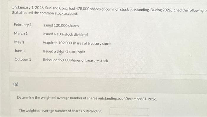 On January 1, 2026, Sunland Corp. had 478,000 shares of common stock outstanding. During 2026, it had the following tr
that affected the common stock account.
February 1
March 1
May 1
June 1
October 1
(a)
Issued 120,000 shares
Issued a 10% stock dividend
Acquired 102,000 shares of treasury stock
Issued a 3-for-1 stock split
Reissued 59,000 shares of treasury stock
Determine the weighted-average number of shares outstanding as of December 31, 2026.
The weighted-average number of shares outstanding