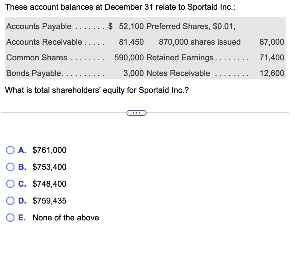 These account balances at December 31 relate to Sportaid Inc.:
Accounts Payable . . . . . . . $ 52,100 Preferred Shares, $0.01,
Accounts Receivable . . . . .
81,450 870,000 shares issued
Common Shares ..
590,000 Retained Earnings........
Bonds Payable...
3,000 Notes Receivable
What is total shareholders' equity for Sportaid Inc.?
O A. $761,000
O B. $753,400
O C. $748,400
O D.
$759,435
O E. None of the above
87,000
71,400
12,600