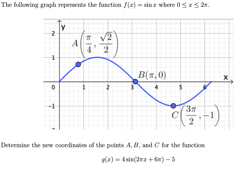 The following graph represents the function f(x) = sin x where 0 < x < 2n.
Ty
V2
A
4
2
B(n,0)
X
2
4
-1
2
Determine the new coordinates of the points A, B, and C for the function
g(т) — 4 sin(2mz + 6т) — 5
