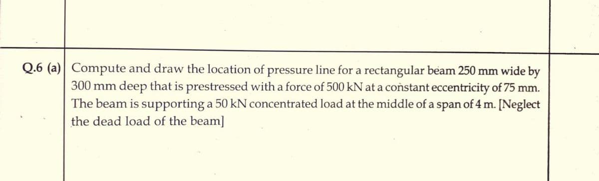 Q.6 (a) Compute and draw the location of pressure line for a rectangular beam 250 mm wide by
300 mm deep that is prestressed with a force of 500 kN at a constant eccentricity of 75 mm.
The beam is supporting a 50 kN concentrated load at the middle of a span
of 4 m. [Neglect
the dead load of the beam]