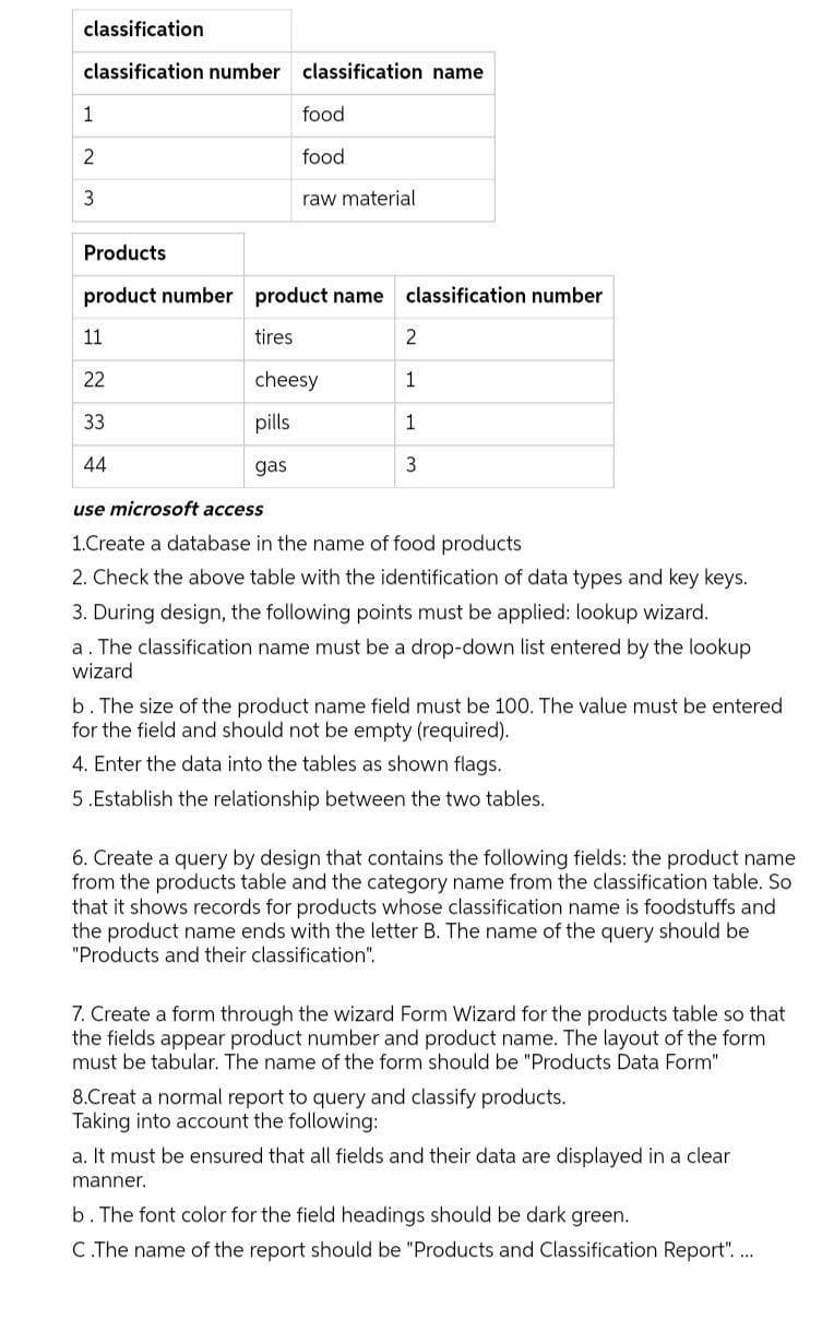 classification
classification number classification name
1
food
2
food
3
raw material
Products
product number product name
classification number
11
tires
22
cheesy
1
33
pills
1
44
gas
3
use microsoft access
1.Create a database in the name of food products
2. Check the above table with the identification of data types and key keys.
3. During design, the following points must be applied: lookup wizard.
a. The classification name must be a drop-down list entered by the lookup
wizard
b. The size of the product name field must be 100. The value must be entered
for the field and should not be empty (required).
4. Enter the data into the tables as shown flags.
5.Establish the relationship between the two tables.
6. Create a query by design that contains the following fields: the product name
from the products table and the category name from the classification table. So
that it shows records for products whose classification name is foodstuffs and
the product name ends with the letter B. The name of the query should be
"Products and their classification".
7. Create a form through the wizard Form Wizard for the products table so that
the fields appear product number and product name. The layout of the form
must be tabular. The name of the form should be "Products Data Form"
8.Creat a normal report to query and classify products.
Taking into account the following:
a. It must be ensured that all fields and their data are displayed in a clear
manner.
b. The font color for the field headings should be dark green.
C.The name of the report should be "Products and Classification Report"..
