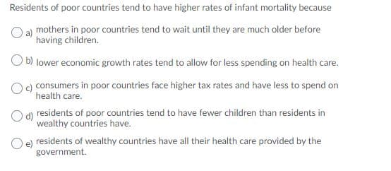 Residents of poor countries tend to have higher rates of infant mortality because
a) mothers in poor countries tend to wait until they are much older before
having children.
O b) lower economic growth rates tend to allow for less spending on health care.
consumers in poor countries face higher tax rates and have less to spend on
health care.
d) residents of poor countries tend to have fewer children than residents in
wealthy countries have.
e) residents of wealthy countries have all their health care provided by the
government.
