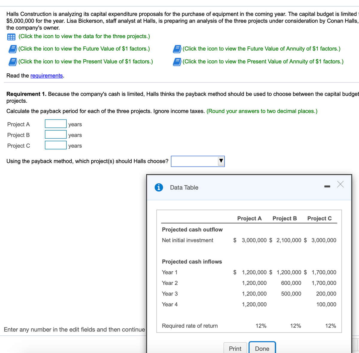 Halls Construction is analyzing its capital expenditure proposals for the purchase of equipment in the coming year. The capital budget is limited
$5,000,000 for the year. Lisa Bickerson, staff analyst at Halls, is preparing an analysis of the three projects under consideration by Conan Halls,
the company's owner.
(Click the icon to view the data for the three projects.)
(Click the icon to view the Future Value of $1 factors.)
(Click the icon to view the Future Value of Annuity of $1 factors.)
(Click the icon to view the Present Value of $1 factors.)
(Click the icon to view the Present Value of Annuity of $1 factors.)
Read the requirements.
Requirement 1. Because the company's cash is limited, Halls thinks the payback method should be used to choose between the capital budget
projects.
Calculate the payback period for each of the three projects. Ignore income taxes. (Round your answers to two decimal places.)
Project A
years
Project B
years
Project C
years
Using the payback method, which project(s) should Halls choose?
i
Data Table
Project A
Project B
Project C
Projected cash outflow
Net initial investment
$ 3,000,000 $ 2,100,000 $ 3,000,000
Projected cash inflows
Year 1
$ 1,200,000 $ 1,200,000 $ 1,700,000
Year 2
1,200,000
600,000
1,700,000
Year 3
1,200,000
500,000
200,000
Year 4
1,200,000
100,000
Required rate of return
12%
12%
12%
Enter any number in the edit fields and then continue
Print
Done
