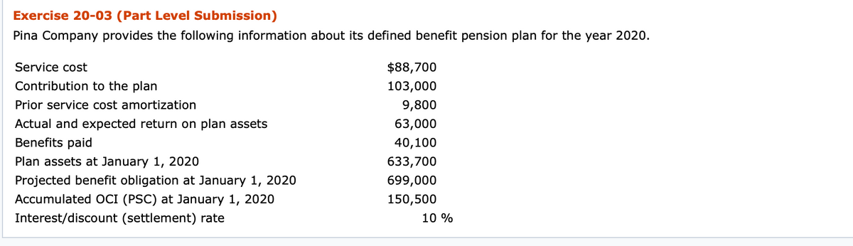 Exercise 20-03 (Part Level Submission)
Pina Company provides the following information about its defined benefit pension plan for the year 2020.
Service cost
$88,700
Contribution to the plan
103,000
Prior service cost amortization
9,800
Actual and expected return on plan assets
Benefits paid
63,000
40,100
Plan assets at January 1, 2020
633,700
Projected benefit obligation at January 1, 2020
699,000
Accumulated OCI (PSC) at January 1, 2020
150,500
Interest/discount (settlement) rate
10 %
