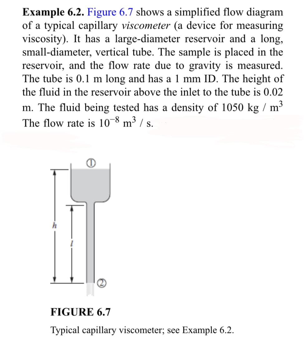 Example 6.2. Figure 6.7 shows a simplified flow diagram
of a typical capillary viscometer (a device for measuring
viscosity). It has a large-diameter reservoir and a long,
small-diameter, vertical tube. The sample is placed in the
reservoir, and the flow rate due to gravity is measured.
The tube is 0.1 m long and has a 1 mm ID. The height of
the fluid in the reservoir above the inlet to the tube is 0.02
3
m. The fluid being tested has a density of 1050 kg / m³
The flow rate is 10-8 m³/s.
FIGURE 6.7
Typical capillary viscometer; see Example 6.2.