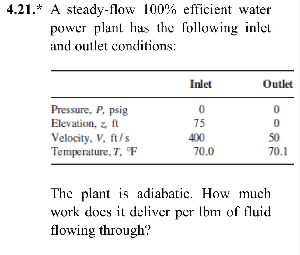 4.21.* A steady-flow 100% efficient water
power plant has the following inlet
and outlet conditions:
Pressure, P, psig
Elevation, z, ft
Velocity, V, ft/s
Temperature, T, °F
Inlet
0
75
400
70.0
Outlet
0
0
50
70.1
The plant is adiabatic. How much
work does it deliver per lbm of fluid
flowing through?