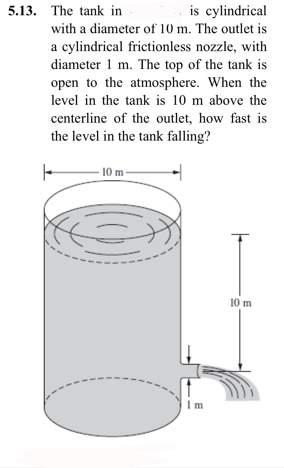 5.13. The tank in
is cylindrical
with a diameter of 10 m. The outlet is
a cylindrical frictionless nozzle, with
diameter 1 m. The top of the tank is
open to the atmosphere. When the
level in the tank is 10 m above the
centerline of the outlet, how fast is
the level in the tank falling?
F
t
10 m
1m
|
10 m