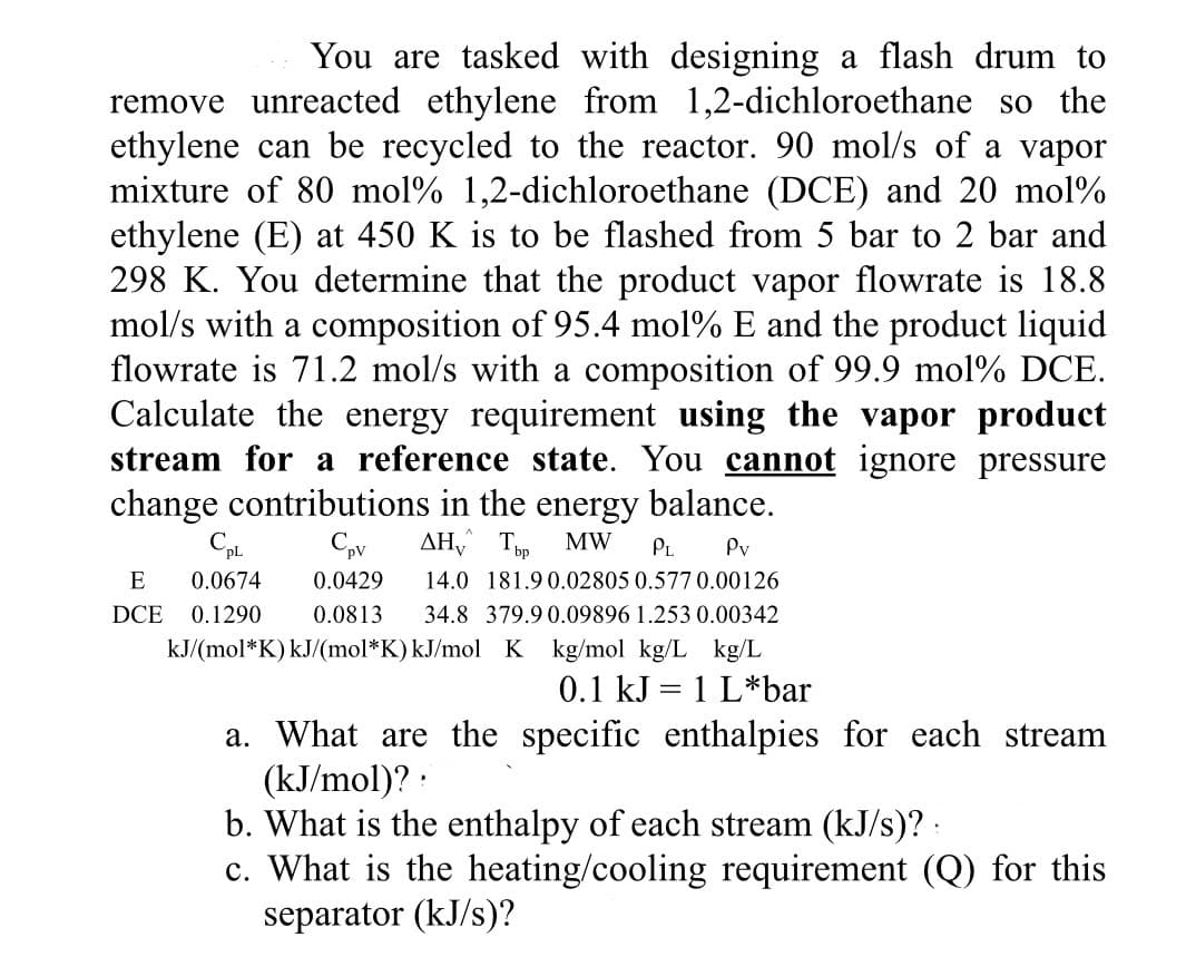 You are tasked with designing a flash drum to
remove unreacted ethylene from 1,2-dichloroethane so the
ethylene can be recycled to the reactor. 90 mol/s of a vapor
mixture of 80 mol % 1,2-dichloroethane (DCE) and 20 mol%
ethylene (E) at 450 K is to be flashed from 5 bar to 2 bar and
298 K. You determine that the product vapor flowrate is 18.8
mol/s with a composition of 95.4 mol % E and the product liquid
flowrate is 71.2 mol/s with a composition of 99.9 mol % DCE.
Calculate the energy requirement using the vapor product
stream for a reference state. You cannot ignore pressure
change contributions in the energy balance.
CpL
Cpv
AH Tbp MW PL
Pv
E 0.0674
DCE 0.1290
0.0429 14.0 181.90.02805 0.577 0.00126
0.0813 34.8 379.9 0.09896 1.253 0.00342
kJ/(mol*K) kJ/(mol*K) kJ/mol K kg/mol kg/L kg/L
0.1 kJ 1 L*bar
a. What are the specific enthalpies for each stream
(kJ/mol)?:
=
b. What is the enthalpy of each stream (kJ/s)? :
c. What is the heating/cooling requirement (Q) for this
separator (kJ/s)?