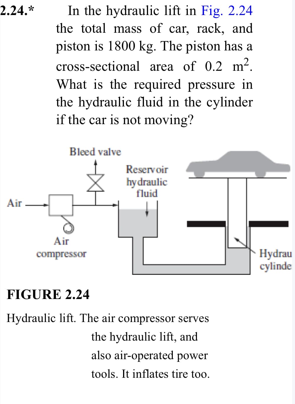 2.24.*
Air
In the hydraulic lift in Fig. 2.24
the total mass of car, rack, and
piston is 1800 kg. The piston has a
cross-sectional area of 0.2 m².
What is the required pressure in
the hydraulic fluid in the cylinder
if the car is not moving?
Bleed valve
Air
compressor
Reservoir
hydraulic
fluid
FIGURE 2.24
Hydraulic lift. The air compressor serves
the hydraulic lift, and
also air-operated power
tools. It inflates tire too.
Hydrau
cylinde