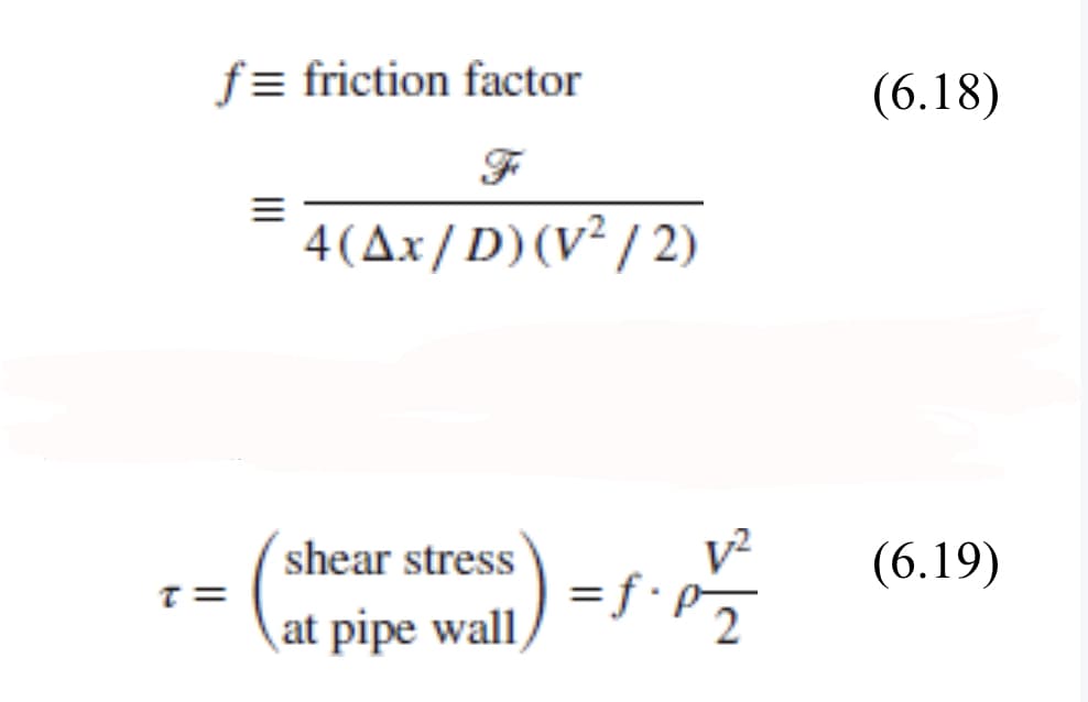 f friction factor
T=
4(Ax/D) (V²/2)
shear stress
at pipe wall) =f.p²
(6.18)
(6.19)